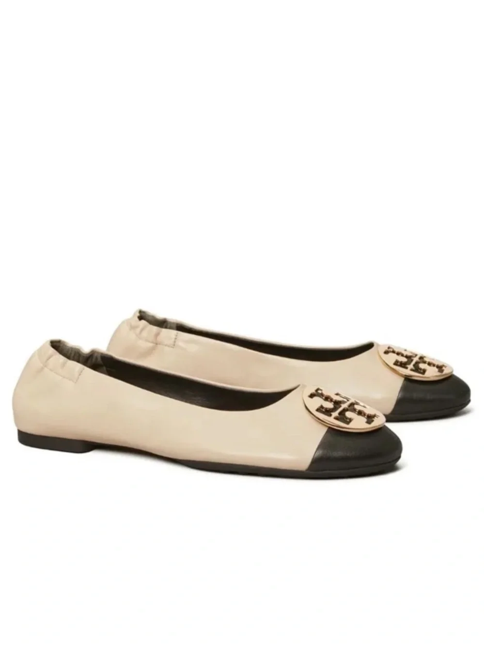 Tory Burch Claire Cap Top Leather Ballet Flats in New Cream/Black Size 9 Neutral
